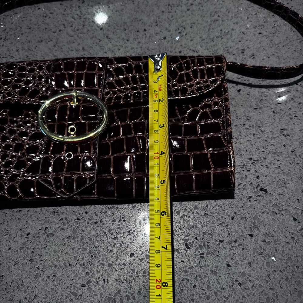 Brown Croc-Embossed Leather Shoulder Bag with Gold Buckle - Picture 6 of 6